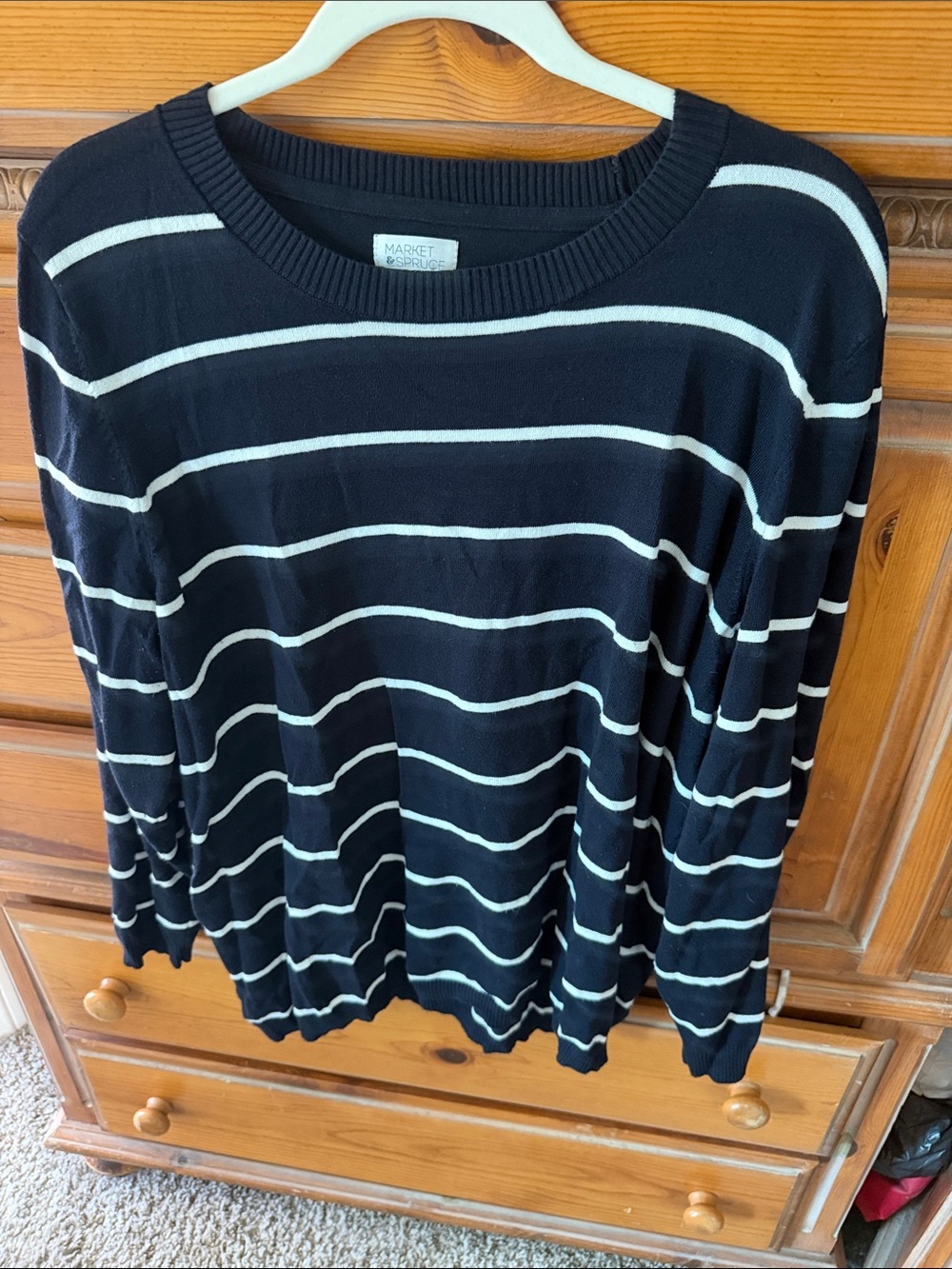 Market & Spruce Navy and White Striped Crewneck Sweater